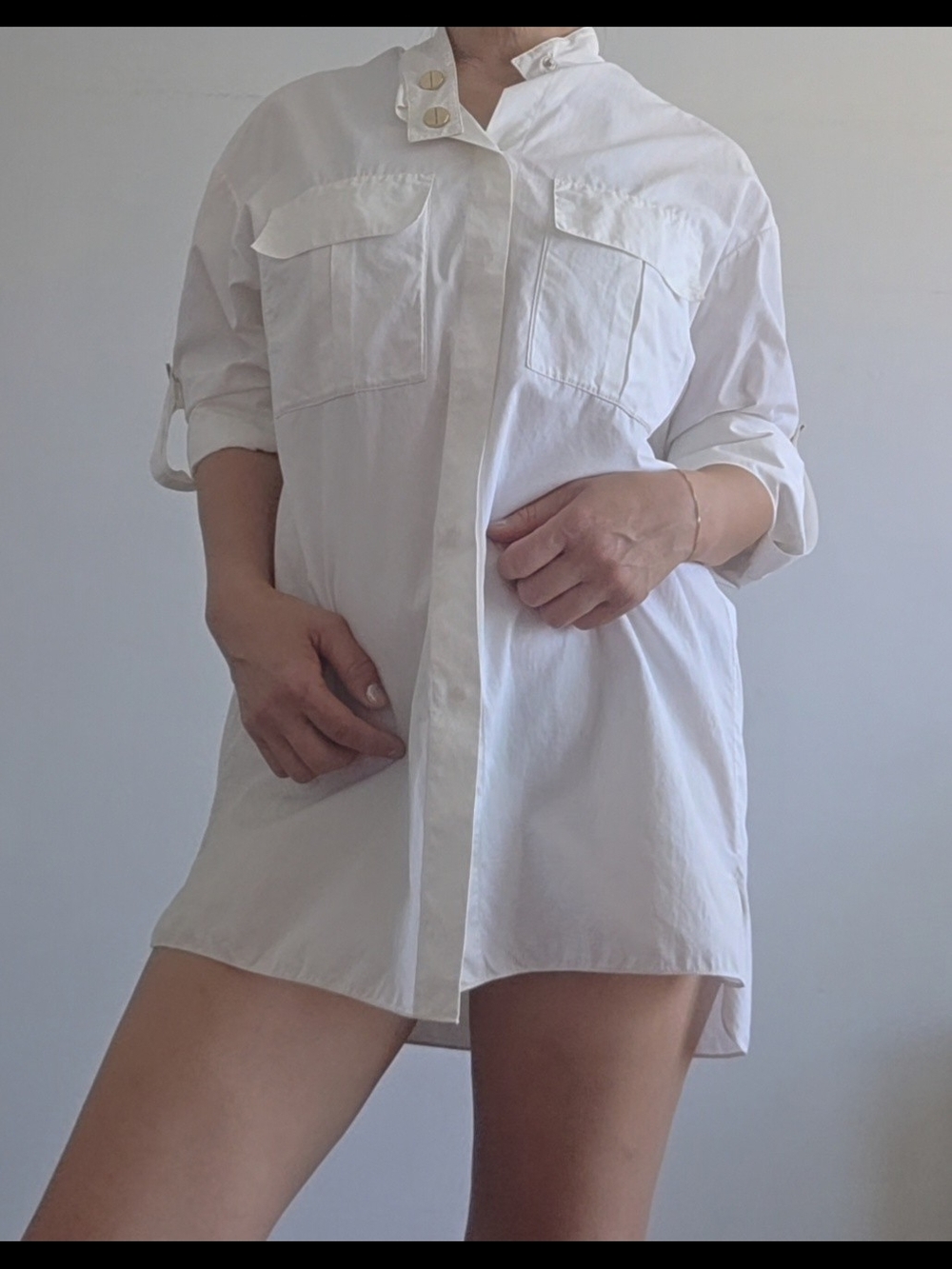 White Button-Down Boxy Tunic Shirt with Gold Buttons & Pocket Details